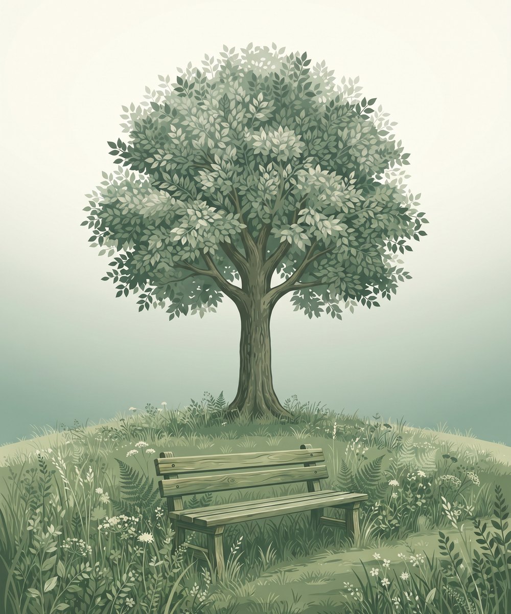 Gezeichneter Baum mit runder Krone über einer schlichten Holzbank auf einer Wiese im Nebel