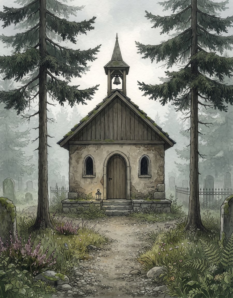Kleine schlichte Friedhofskapelle im Nebel zwischen zwei Bäumen, gezeichnet